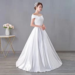 It's Yiiya Wedding Dresses White Satin Simple Off the Shoulder Pleat Lace up Princess Floor-length Plus size Ball Gowns XN057