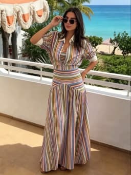 Multicolor Striped Shirt 2 Picec Set Button Front Blouse High Waist Flared Hem Maxi Skirt 2026 Summer Elegant Lady Vacation Suit