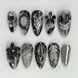 24Pcs Y2k Almond Acrylic Nails Full Cover 3D Diamond Black Nail Art Sweet Cool French Wearable Fake Nail Manicure Tips for Girls