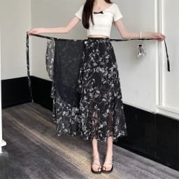 High Waist A-Line Floral Print Chiffon Halter Neck Dress Women's Summer New Style Belted Wrap Skirt Casual Polyester Fiber