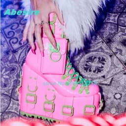 Buckle Mixed Color Patchwork Ankle Boots Round Toe Platform Wedges Thick Heels Women's Boots Cross Tied Pocket Decoration Shoes