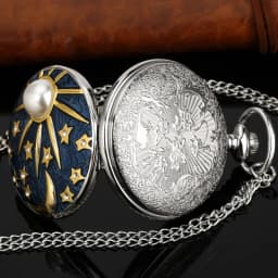 New Relief Sea Blue Star and Moon Quartz Necklace Inlaid with Pearl Silver Pocket Watch Pendant Chain for Male and FemaleStudent