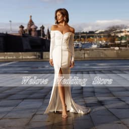 Romantic Beach Civil Wedding Dress For Bride Summer Custom Off Shoulder Long Sleeves Front Slit Sweep Train Bridal Gown Mariage