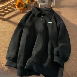 OUDIFU Fall and Winter Polo Collar Sweatshirt Genderless Japanese-Sle Retro Ins Tide Tops Easiest for Match Loose Velvet Th...