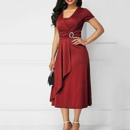 We.Fine Dress Women Solid Color Short Sleeve V Neck Asymmetric Hem Waist Midi Party Dress Elastic Female Dresses Woman Vestidos