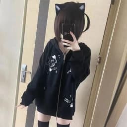 Spring Autumn Jackets Sweatshirt Cute Cats Print Zip Up Hoodie Women Streetwear Y2k Tops Cartoon Japanese Coat Grunge Black Gray