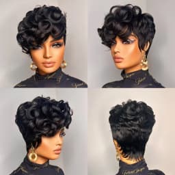 1B# Pixie Cut Human Hair Wig for Women 6" Layered Short Loose Curly with Bangs 180% Density Remy Brazilian Hair Rose Net Cap