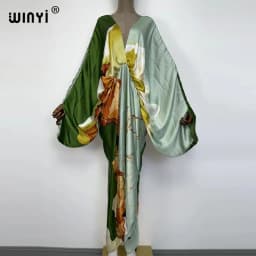 Sexy Beach High-Quality Hand-Rolled Feel Silk Rayon Fashion Print 2021 WINYI Maxi Women's Robes Long Beach V-Neck Bohemian Dress