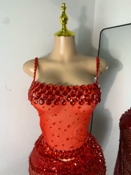 Sparkly Red Rhinestones Sequins Alluring See Through 2 Piece Maxi Dress 2025 Women's Evening Birthday Party Stage Show Outfit