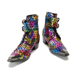 British Punk Style Men Short Ankle Boots High Heels Rivets Pointed Toe Dress Shoes Shiny Leather Mixed Color Zapatos Para Hombre