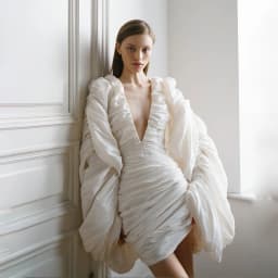 Elegant White Ruched Mini Evening Gown Deep V Oversized Puffy Sleeve Back Hollow Short Bridal Dress Civil Wedding Photo Outfit