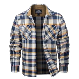 MAGCOMSEN Men's Cotton Flannel Shacket Plaid Shirt Long Sleeve Corduroy Collar 2 Chest Pockets Casual Work Overshirt Outdoor