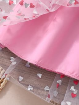 Gift bag! Round neck bubble sleeve pearl gauze dress Love gauze Valentine's Day and wedding partyFor children aged 4-7