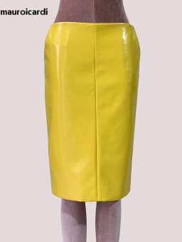 Mauroic Spring Summer Shiny Reflective Bright Yellow Faux Leather Pencil Skirt Women with Back Slit High Waist New Arrivals 2025