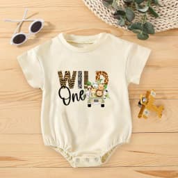Wild One Animal Printed Short Sleeve Bubble Romper Newborn Oversized Jumpsuit Infant Birthday Party Clothes Baby Shower Bodysuit