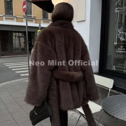 Neo Mint Winter 2026 New Stylish Mocha Brown Belted Wrap Fur Coat Women Street Fashion Girls Fluffy Faux Fox Fur Jacket Overcoat