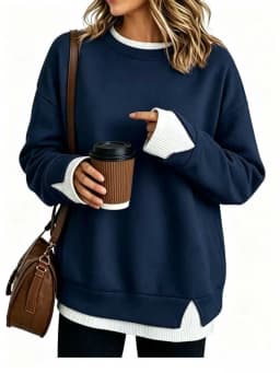 Casual Long Sleeve Top Mid Length with Regular Sleeve American and European Style Patchwork Autumn Round Neck Women Hoodie