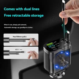 Car charger, car charger with retractable cable, car PD, car fast charging, super fast charging, flash charging, five in one cig