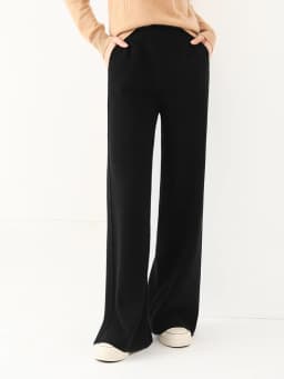 Women Wool Wide Leg Pants Threaded Elastic Waist Cashmere Trousers Autumn Winter 100% Merino Wool Knitted Soft Slit Design Pants