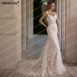 BEPEITHY Customized Luxury Beading Mermaid Wedding Dresses 2025 V Neck Sleeveless Lace Trumpet Ivory Bride Champagne Bridal Gwon