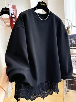 Lace Patchwork Fake Two-piece Pullover Spring Autumn Lazy O-neck Sweatshirts Mujer American Loose All-match Top for Women