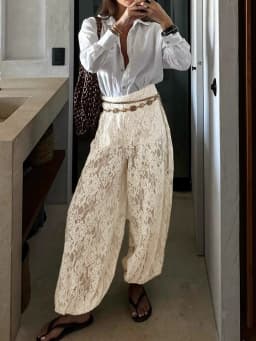 Spring Summer New See-through Commute Pants High Street Fashion Solid Color Lace Pants Casual Loose Women's Embroidery Trousers