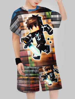 new Block Man Digital Printing Cross Border Children's Clothing Casual Short Sleeved T-shirt Boys' Clothing