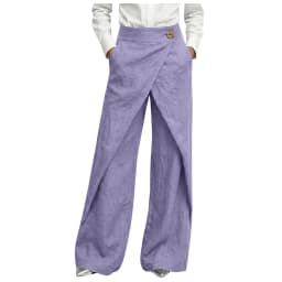Womens Linen Wrap Wide Leg Pants High Waist Button Decor Asymmetrical Overlap Trousers Casual Loose Fit Office Lady Work Pants