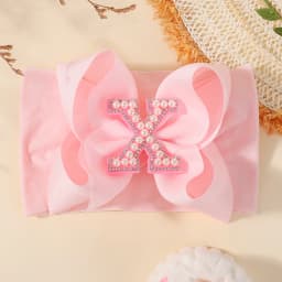 26 Letters Pink Big Bows Pearl Headbands for Baby Girls 5.98'' Wide Nylon Knotted Soft Elastic Hair Bands Wraps Headwear 1PCS