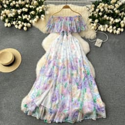 Chic Sexy Off Shoulder Print Ruffle Slash Neck Dress Fairy Print Casual A-line Dress Summer Elegant Beach Vacation Women Dresses