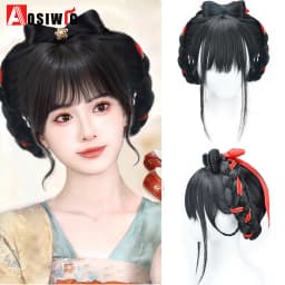 Synthetic Ancient Hanfu Wig One-Piece Full Head Set Design Wig Heat-Resistant Cosplay Party Dress Up Wig With Braids for Women