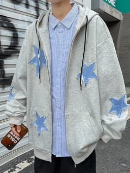 Men's Star Patch Zip Up Hoodie for Men Oversized Y2k Sweatshirt Jacket E-Girl 90s Pullover Streetwear