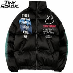 2025 Hip Hop Jacket Parka Happy Graffiti Print Men Windbreaker Streetwear Harajuku Winter Padded Jacket Coat Warm Outwear Thick