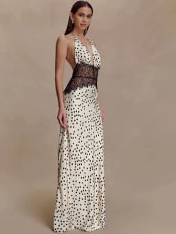 JULISSA MO Patchwork Lace Print Polka Dot Halter Women Maxi Dress Sexy Backless Evening Dress Winter Skinny Elegant Party Dress