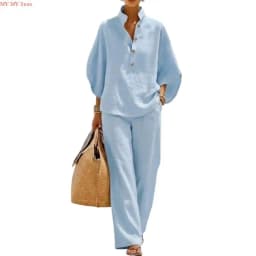 Two Piece Set for Women Spring Outfits 2026 Summer Fashion Casual Button Down Shirt Wide Leg Pants Lounges Set