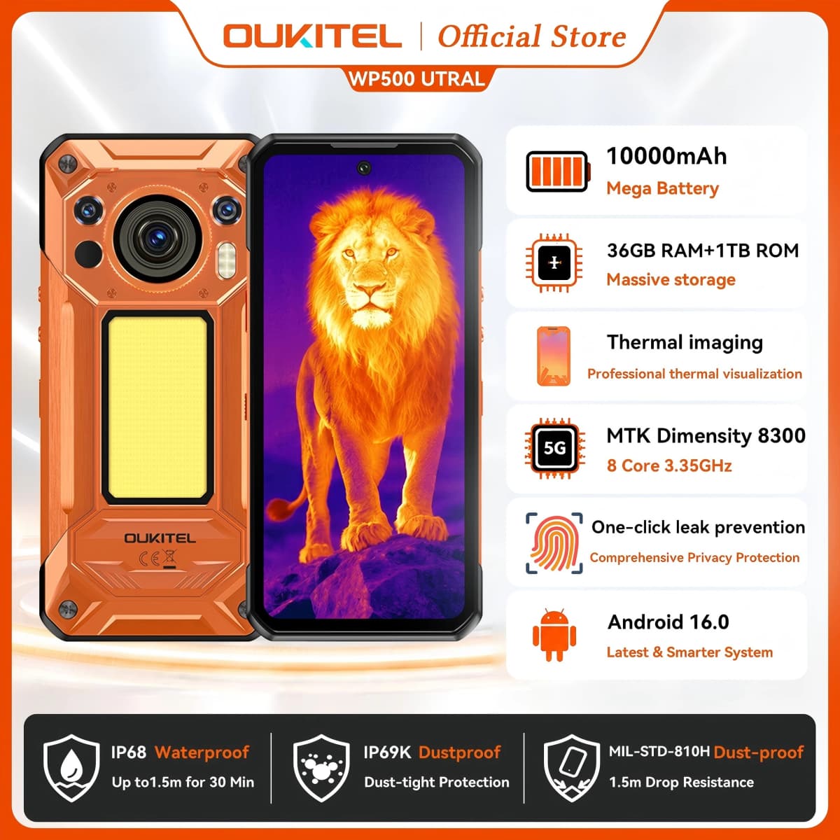 Oukitel Wp500 Ultra Protected Smartphone Ai Thermal Imager Privacy Button Dimension 8300 108Mp 10000Mah 36 Gb 1 Tb Ip68