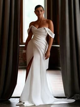 Customized Off Shoulder Sweetheaert Neckline Mermaid Satin Wedding Dress Lace-up Back Floor Length Side Slit Sweep Train Gown