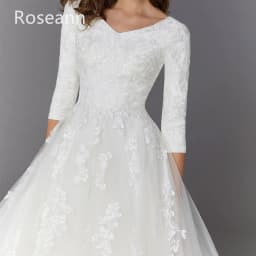 Customized Muslim Exquisite A-line Wedding Dresses V-Neck Applique Brush Train Tulle Satin Full Brideing Gown robe de mariée