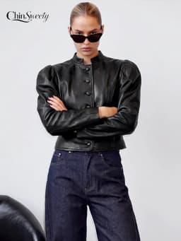 Cropped PU Leather Women's Jackets Coats Puff Sleeve Single Breasted Coat Button Slim Fit Short Jacket Vintage Lady Outerwear