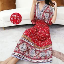 n Long Print Dr V-Ne Slimming Cotton Silk Beachwear Casual High Waist Summer Women's Loose Fit Overhead Dr