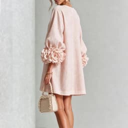 Vintage Solid Dress Ladies Puff Sleeve 3D Floral Decoration Buttons Decor Loose Straight Dress Holiday Party Daily Short Dresses