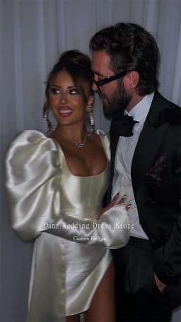 Qanz Modern High Low Wedding Party Dresses Satin Puff Long Sleeves Tamaño Vestido De Boda Court Train Bridal Dress Customized