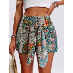 2026 Summer New Boho Paisley Print Wrap Skort High Waist Tie Front Scarf Hem Casual Beach Shorts for Woman Clothes