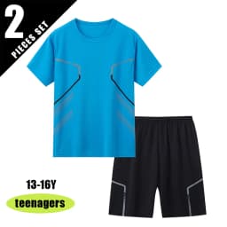 2-Piece Summer Youth 13-16 Years Old Multi-Color Quick Drying Sports Short-Sleeved Shorts Set, Youth Men's and Women's Printed T