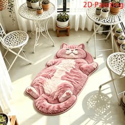 VIKAMA Lying Fluffy White Cat Shaped Doormat 2D Painting Flannel Non Slip Waterproof Floor Mat Bedroom Animal Decor Rug