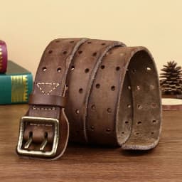 Men 2 Pin Buckle Top Real Full Grain Genuine Leather Belt 38 mm Double Needle Casual Jeans Belt