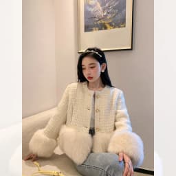 Autumn Winter Women's White Imitation Fox Fur Single Breasted Short Jacket New High-Quality Cotton/Non Cotton Wool Coats