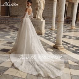 Lhuilier Customized A Line Illusion Lace Wedding Dresses Off the Shoulder Beaded Bridal Gowns with Chapel Train