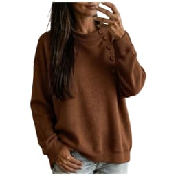 Crew Neck Sweatshirts Women Fleece Pullover Side Button Tops Fall Cute Shirt