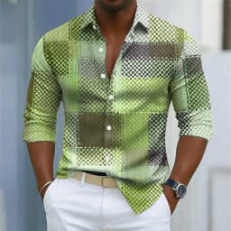 Men's retro plaid print long-sleeved shirt, button-down front for everyday wear, relaxed fit, business casual top.